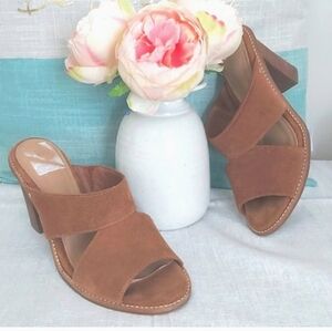 Ugg Celia mules brown tan suede leather 4" stacked heels heeled sandals chestnut